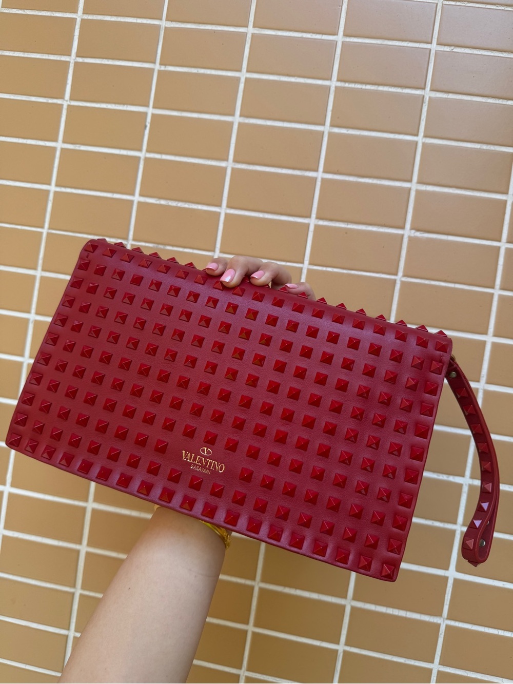 Valentino Red Studded Leather Wristlet Clutch